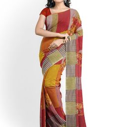 Florence Women Red & Yellow Colourblocked Pure Georgette Fusion Dharmavaram Saree-image-47