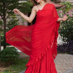 HOUSE OF JAMOTI Ruffled Pure Georgette Saree WIth Stitched Blouse-40