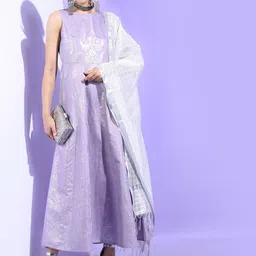 Vishudh Purple & Silver-Toned Self Design Ethnic Maxi Dress-21