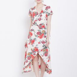 DODO & MOA Beige & Maroon Floral Crepe Midi Dress-image-87