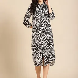 DODO & MOA Women White & Black Animal Crepe Shirt Midi Dress-image-78