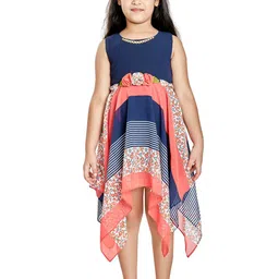 Peppermint Girls Navy Blue & Peach-Coloured Printed Asymmetric Dress-picture-40