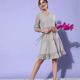 DODO & MOA V-Neck Floral Printed Tiered Georgette A-Line Dress-image-8