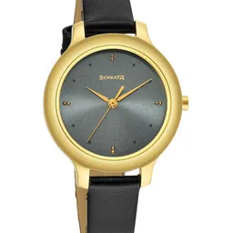 Sonata Women Gold-Toned Brass Embellished Dial & Black Leather Straps Analogue Watch-image-69