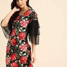 DODO & MOA Women Black & Red Floral Crepe Sheath Dress-image-8