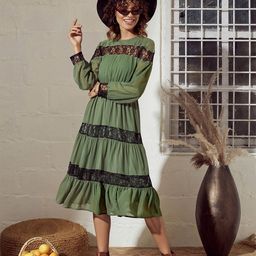 SASSAFRAS Olive Green & Black Round Neck A-Line Midi Dress-picture-19