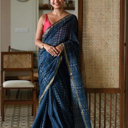 Suta Blue & Gold-Toned Geometric Printed Zari Saree-image-36