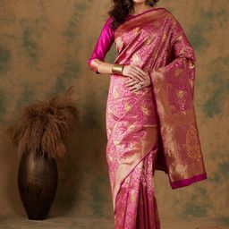 Ishin Pink Ethnic Motifs Woven Design Zari Banarasi Saree-picture-8