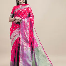 HERE&NOW Pink & Gold-Toned Floral Woven Design Zari Banarasi Saree-picture-39