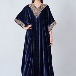 First Resort by Ramola Bachchan Floral Embroidered V-Neck Silk Velvet Kaftan Maxi Dress-image-38