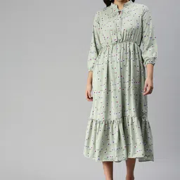 SHOWOFF Floral Printed Tie-Up Neck Fit & Flare Midi Dress-image-45