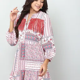 TSM White Ethnic Motifs Printed Mandarin Collar Fringed A-Line Dress-40