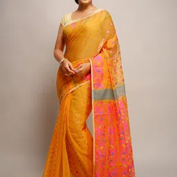 BENGAL HANDLOOM Woven Design Floral Zari Art Silk Taant Saree-picture-9