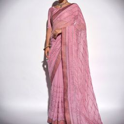 Kalista Pink & Gold-Toned Embellished Sequinned Pure Georgette Saree-30