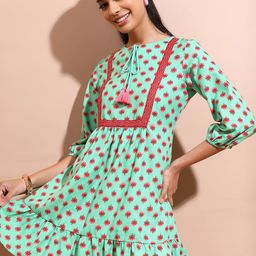 Vishudh Green Floral Printed Tie Up Neck Mini A-Line Dress-image-24