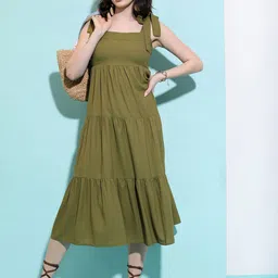 Tokyo Talkies Red Shoulder Strap Gathered Tiered Fit & Flare Midi Dress-picture-28