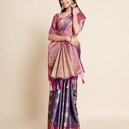 MIMOSA Navy Blue & Pink Floral Zari Art Silk Kanjeevaram Saree-image-43