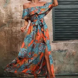 Mast & Harbour Floral Printed Off-Shoulder Fit And Flare Maxi Dress-image-6