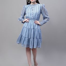 MARC LOUIS Floral Printed Puff Sleeve Tiered Chiffon Fit & Flare Dress-image-19