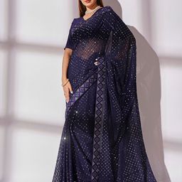 Kalista Blue & Gold-Toned Embellished Sequinned Pure Georgette Saree-image-9