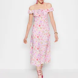 Trendyol Floral Printed Off-Shoulder Acrylic A-Line Midi Dress-image-51