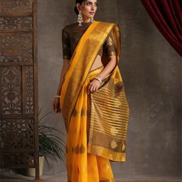 Triyah Yellow & Gold-Toned Woven Design Zari Pure Cotton Saree-image-33