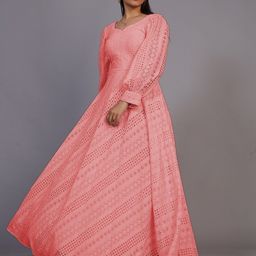 PRENEA Women Peach-Coloured Bishop Sleeved Maxi Schiffli Dress-image-48