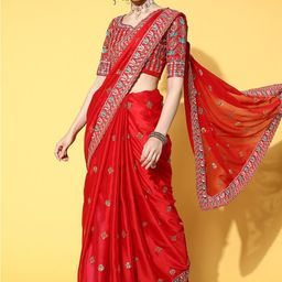 Mitera Geometric Embroidered Sequinned Pure Organza Saree-image-4