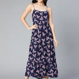 Oxolloxo Women Navy Blue Floral Crepe Maxi Dress-image-49