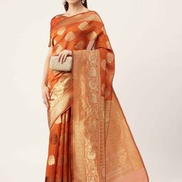 HERE&NOW Orange & Gold-Toned Ethnic Woven Design Zari Banarasi Saree-picture-32