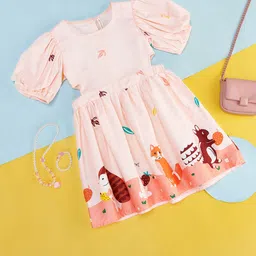 Pantaloons Junior Girls Conversational Printed Puffed Sleeve Cotton Fit & Flare Dress-picture-11