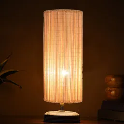 Devansh Beige Textured Wooden Contemporary Cylindrical Shaped Table Lamp-47