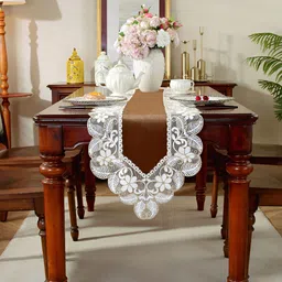 MONKDECOR Brown & White Embroidered Table Runner-image-39