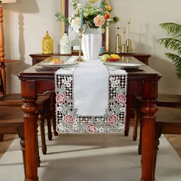 MONKDECOR White & Green Floral Cutwork Table Runnner-27