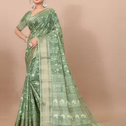RUNAYA NX Floral Zari Pure Linen Mysore Silk Saree-image-11