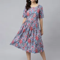 Janasya Women Blue & Pink Floral Printed Cotton Flared Midi Dress-image-51