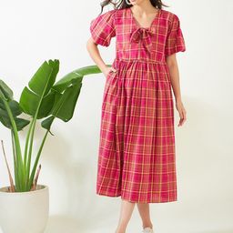 The Kaftan Company Checked Cotton Flared Sleeves Maternity A-Line Midi Dress-image-97