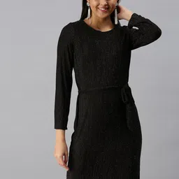 SHOWOFF Self Design Round Neck A-Line Dress-image-54