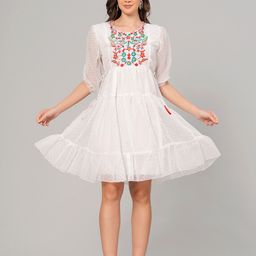 JC4U Self Designed Embroidered Tiered Georgette Fit & Flare Dress-image-8