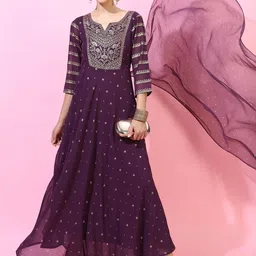Vishudh Women Purple Printed Maxi Dress With Dupatta-image-40