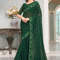 Kalista Green & Gold-Toned Embellished Sequinned Pure Georgette Saree-image-64