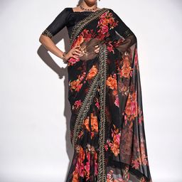 Kalista Black & Pink Floral Printed Embroidered Pure Georgette Saree-image-6
