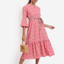 Vishudh Pink Floral Printed Keyhole Neck A-Line Midi Dress With Belt-image-51