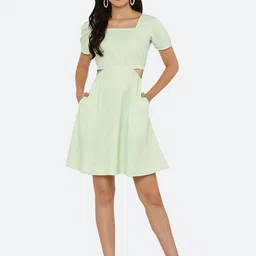 RAASSIO Women Green Polka Dot Print Size Cut Mini A-Line Dress-image-27