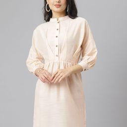 am ma Women Beige Solid Mandarin Collar Sheath Dress-image-70