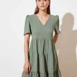 Trendyol V-Neck Puff Sleeves Tiered Fit & Flare Dress-image-52