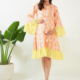 The Kaftan Company Maternity Printed Bell Sleeves Lace-Up Detail Cotton A-Line Dress-image-29
