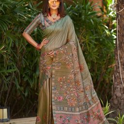 Ishin Olive Green Floral Printed Sambalpuri Saree-image-26