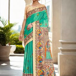 Ishin Turquoise Blue Ethnic Motifs Printed Saree-image-17
