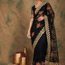 Sangria Black Ethnic Motifs Beads & Stones Embroidered Net Saree-image-98